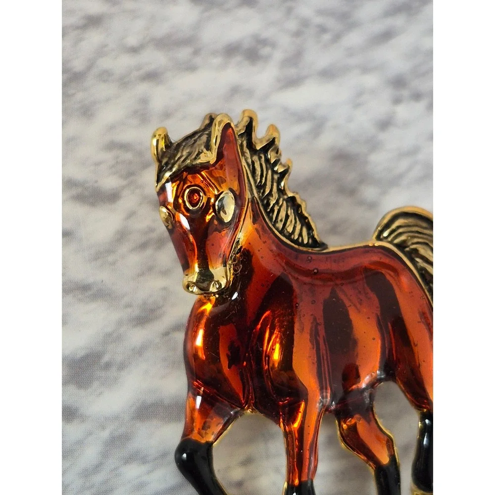 Vintage Enamel Horse Brooch Amber Gold Tone Equestrian Pin Accessory Glossy